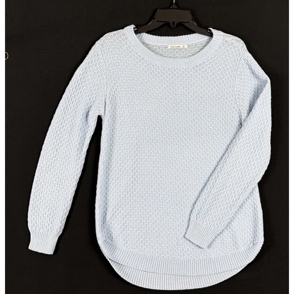 Pink Clover Knit Sweater Womens Large L Light Blue Open Stitch Crewneck Crochet